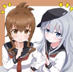  2girls black_headwear blue_eyes brown_eyes brown_hair flat_cap folded_ponytail grey_hair hat hibiki_(kancolle) highres inazuma_(kancolle) kantai_collection long_hair long_sleeves multiple_girls neckerchief red_neckerchief school_uniform serafuku shirt smile tottsan white_shirt 