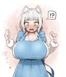  ! !? 1girl ? animal_ear_fluff animal_ears blue_dress blush breast_expansion breasts cat_ears cat_girl cleavage clenched_hand collared_shirt commentary_request commission dress embarrassed grey_hair heart highres ichika_(ichika_manga) large_breasts looking_down original shirt short_hair speech_bubble spoken_exclamation_mark spoken_question_mark surprised white_shirt yellow_eyes 