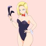  1girl android_18 animal_ears blonde_hair blue_eyes bow bowtie breasts commentary_request cowboy_shot detached_collar dragon_ball dragon_ball_z drill_bulbul fake_animal_ears hairband_removed hand_on_hip highres large_breasts looking_at_viewer pink_background playboy_bunny rabbit_ears rabbit_tail red_bow red_bowtie short_hair simple_background solo standing tail wrist_cuffs 