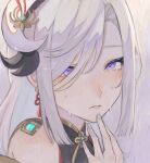  1girl chase_06 crying crying_with_eyes_open earrings eyebrows_behind_hair face genshin_impact gold_trim hair_between_eyes hair_bun hair_ornament hair_over_one_eye hand_on_own_chin highres horns jewelry long_hair looking_at_viewer mole nail_polish parted_lips purple_eyes shenhe_(genshin_impact) simple_background solo tears tsurime white_hair 