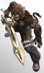  1boy bara eyepatch furry furry_male highres holding holding_sword holding_weapon lion_boy male_focus mature_male muscular muscular_male one_eye_covered original pants poshpompadour shoes sword tail weapon 