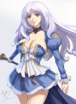  1girl 2021 annelotte annelotte_(princess_knight) belt blue_eyes breasts brooch cape choker cleavage commentary_request detached_collar eiwa holding holding_sword holding_weapon jewelry juliet_sleeves large_breasts long_hair long_sleeves navel official_art puffy_sleeves purple_hair queen&#039;s_blade queen&#039;s_blade_rebellion signature skirt smile solo standing sword weapon 