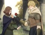 1boy 1girl armor black_cape black_gloves blonde_hair blurry blurry_background blush brown_eyes brown_hair cape closed_mouth commentary dress elden_ring english_commentary flower francisco_mon from_side gauntlets gloves grass green_dress highres holding holding_flower melina_(elden_ring) open_mouth red_flower red_rose rose short_hair surprised sweat tarnished_(elden_ring) tree white_cape 