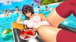  6+girls ahoge animal_ears armpits arms_up ass azur_lane back ball bangs beachball bikini black_hair black_legwear blue_bikini blue_sky breasts brown_eyes brown_hair cameltoe cloud commentary covered_nipples english_commentary eyewear_on_head flying_sweatdrops food fruit headgear highres i-168_(kancolle) inflatable_raft kantai_collection kirishima_(kancolle) kongou_(kancolle) long_hair looking_at_viewer lucknight lying multiple_girls mutsu_(kancolle) nagato_(azur_lane) nagato_(kancolle) namesake navel on_back on_stomach one-piece_swimsuit open_mouth outdoors ponytail red_legwear school_swimsuit see-through ship short_hair single_thighhigh sky small_breasts smile striped striped_bikini sunglasses surfboard swimsuit thighhighs tree wading watercraft watermelon watermelon_slice wet yamato_(kancolle) yellow_bikini 