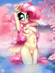  2022 absurd_res anthro areola blush breasts digital_media_(artwork) equid equine eyebrows eyelashes female fluttershy_(mlp) friendship_is_magic genitals hair hasbro hi_res looking_at_viewer mammal my_little_pony nevobaster nipples nude outside pegasus pussy solo water wet wet_body wings 