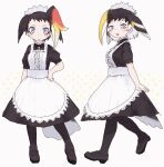  2girls alternate_costume apron bird_girl bird_tail bird_wings black_dress black_footwear black_hair black_legwear blonde_hair blue_eyes blush center_frills collar dress enmaided eyebrows_visible_through_hair frilled_collar frills great_hornbill_(kemono_friends) head_wings high_collar highres kemono_friends long_dress maid maid_apron maid_headdress mary_janes matching_outfit multicolored_hair multiple_girls pantyhose puffy_short_sleeves puffy_sleeves red_hair rhinoceros_hornbill_(kemono_friends) shoes short_sleeves tail toxicnyannyan white_apron white_hair wings 