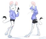  animancer bottomwear clothing dipodid fur hoodie jerboa luck_(disambiguation) mammal phone rodent shorts topwear white_body white_fur 