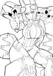  1girl absurdres alice_gear_aegis bodysuit breasts domidori eyebrows_visible_through_hair finger_gun floating_hair highres large_breasts lineart long_hair looking_at_viewer mecha_musume rita_henschel science_fiction smile solo v-shaped_eyebrows white_background 