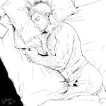  1boy arm_hair bara beard chest_hair facial_hair from_above gasu-chan_(illustguess) greyscale hairy highres large_pectorals lying male_focus mature_male monochrome muscular muscular_male navel navel_hair nipples on_bed on_side pants pectorals short_hair sideburns sleeping solo topless_male 