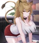  1girl absurdres animal_ears arknights arm_support bangs bare_arms bare_shoulders black_choker breasts brown_eyes brown_hair choker cleavage collarbone commentary cowboy_shot eyebrows_visible_through_hair highres huge_breasts indoors kanta_(kanta_077) leaning_forward lion_ears lion_tail long_hair looking_at_viewer mouth_hold plant ponytail red_shorts short_shorts shorts siege_(arknights) solo standing tail tank_top thighs white_tank_top window 