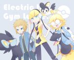  1girl 2boys ahoge akasaka_(qv92612) backpack bag bangs black_pants black_shirt blonde_hair blue_eyes blue_jacket blue_jumpsuit blunt_bangs clemont_(pokemon) commentary_request elesa_(pokemon) emolga glasses grey_background hand_on_hip headphones heliolisk highres jacket jumpsuit long_sleeves luxray medium_hair multiple_boys opaque_glasses open_clothes open_jacket pants poke_ball_symbol pokemon pokemon_(creature) pokemon_(game) pokemon_bw pokemon_dppt pokemon_xy round_eyewear shirt spiked_hair volkner_(pokemon) white_bag 