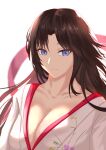  1girl absurdres black_hair blue_eyes breasts cleavage collarbone freed_turing highres japanese_clothes kara_no_kyoukai kimono large_breasts light_smile long_hair looking_at_viewer ryougi_shiki sash simple_background solo very_long_hair white_background white_kimono 