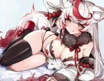  1girl :q absurdres ahoge animal animal_ear_fluff animal_ears artist_name bare_shoulders black_legwear black_panties blush braid breasts cleavage closed_eyes closed_mouth commentary_request detached_sleeves eyelashes fox fox_ears fox_girl fox_tail fur_collar heart highres large_breasts legs_together licking_lips long_hair long_sleeves looking_at_viewer lying mandy_(moniponichan) multicolored_hair navel on_side original panties platform_footwear red_eyes red_hair single_thighhigh smile solo streaked_hair string_panties tail thick_arms thighhighs thighs tongue tongue_out twisted_torso two-tone_hair underwear very_long_hair white_hair 