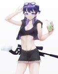  1girl absurdres aiv andreana_(arknights) arknights arm_up bare_arms bare_shoulders black_shirt black_shorts commentary cowboy_shot crop_top cup cutoffs drinking_straw eyewear_on_head glasses gun hand_up highres holding holding_cup looking_at_viewer midriff navel purple_eyes purple_hair rifle shirt short_hair shorts side_ponytail simple_background smile sniper_rifle solo standing stomach thighs weapon white_background 