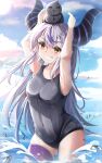 1girl =_= animal_on_head bangs bird black_swimsuit blue_sky braid breasts closed_eyes cloud cloudy_sky commentary_request covered_navel crow crow_(la+_darknesss) day demon_horns eyebrows_visible_through_hair grey_hair grin hair_between_eyes highres hololive horns la+_darknesss long_hair looking_at_viewer mctom multicolored_hair on_head one-piece_swimsuit outdoors purple_hair purple_legwear single_thighhigh sky small_breasts smile solo splashing streaked_hair swimsuit thighhighs very_long_hair virtual_youtuber wet wet_clothes wet_hair wet_swimsuit 