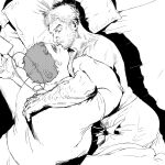  2boys arm_around_shoulder arm_hair bara beard chest_hair chin_kiss facial_hair fat fat_man from_above gasu-chan_(illustguess) greyscale hairy halo highres large_pectorals lying male_focus mature_male monochrome multiple_boys muscular muscular_male navel navel_hair nipples on_bed on_side original pants pectorals short_hair sideburns sleeping topless_male yaoi 
