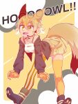  animal_ears black_jacket blonde_hair coyote coyote_(kemono_friends) coyote_girl coyote_tail gloves hauru_252 highres jacket kemono_friends kemono_friends_v_project necktie shirt shoes short_hair skirt smile solo tail virtual_youtuber white_shirt yellow_eyes yellow_gloves 
