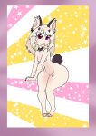  absurd_res anthro breasts choker cute_eyes domestic_cat felid feline felis female hi_res horn jewelry mammal med121 necklace pink_eyes short_stack simple_background small_paws solo star thick_thighs white_body 
