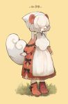  1girl :d absurdres animal_ears boots bow dress fang full_body grass hair_over_eyes highres hisuian_growlithe long_sleeves open_mouth personification pokedex_number pokemon sakutake_(ue3sayu) short_hair simple_background smile solo standing tail white_hair 