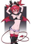  1girl absurdres arm_strap arms_up belt black_gloves boots bracelet choker demon_girl demon_tail demon_wings disgaea earrings english_commentary etna fang gloves highres jewelry mini_wings navel pointy_ears red_eyes red_hair revealing_clothes saaal653 short_shorts shorts skin_fang skull_earrings solo tail thigh_boots thighhighs wings 