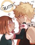  !? 1boy 1girl adjusting_eyewear bakugou_katsuki blonde_hair bodysuit boku_no_hero_academia brown_eyes brown_hair dated english_text glasses holding holding_eyewear lin_(amateur_lin) looking_at_another open_mouth parted_lips red-framed_eyewear scowl short_hair sidelocks signature spiked_hair sweatdrop uraraka_ochako white_background 