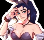  1girl alternate_costume animal_ears bangs black_background blue_eyes blush blushy-pixy bracelet breasts caitlyn_(league_of_legends) cleavage detached_sleeves fake_animal_ears freckles hand_up jewelry large_breasts league_of_legends light_smile looking_at_viewer necklace outline parted_lips playboy_bunny ponytail rabbit_ears shiny shiny_hair skindentation solo teeth white_outline wrist_cuffs 