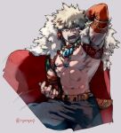  1boy abs arm_behind_head bakugou_katsuki bead_necklace beads belt blonde_hair boku_no_hero_academia cape detached_sleeves earrings fur_collar grey_background jewelry male_focus multiple_necklaces muscular muscular_male necklace nipples open_mouth red_cape red_eyes solo soumaa spiked_hair teeth topless_male twitter_username 