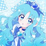  :o blue_background blue_bow blue_choker blue_eyes blue_hair blue_theme bow brooch choker cure_marine dress earrings eyebrows_visible_through_hair hair_ornament heart heart_brooch heart_hair_ornament heartcatch_precure! jewelry kurumi_erika long_hair looking_at_viewer matatabi_(user_vrcj4822) precure puffy_sleeves sparks upper_body very_long_hair wavy_hair white_dress 