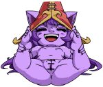  anthro anus bee_haji blush breasts butt clothing eyes_closed female genitals hair hat headgear headwear humanoid league_of_legends leg_grab legs_up lulu_(lol) lying on_back purple_body purple_hair pussy riot_games small_breasts smile solo spread_legs spreading video_games witch_hat yordle 