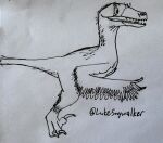  claws dinosaur dromaeosaurid feathered_dinosaur feathered_wings feathers feral hi_res ink line_art looking_away lukesnywalker male open_mouth pen_(artwork) reptile scalie sharp_teeth smile solo teeth theropod toe_claws traditional_media_(artwork) velociraptor wings 