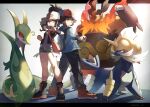  1boy 1girl bag baseball_cap black_vest blue_eyes blue_jacket boots brown_eyes brown_hair commentary_request denim denim_shorts emboar hat high_ponytail hilbert_(pokemon) hilda_(pokemon) holding holding_poke_ball jacket lens_flare letterboxed long_hair long_sleeves messenger_bag parted_lips poke_ball poke_ball_print pokemon pokemon_(creature) pokemon_(game) pokemon_bw red_footwear red_headwear samurott serperior shibano_1103 shirt shoes short_hair shorts shoulder_bag sidelocks sleeveless sleeveless_shirt standing vest white_shirt wristband 