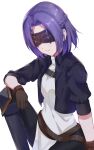  1girl 310setsu absurdres black_gloves black_jacket braid closed_mouth collared_jacket gloves highres jacket jun_(princess_connect!) long_sleeves mask medium_hair open_clothes open_jacket princess_connect! purple_hair shiny shiny_hair short_sleeves simple_background sitting smile solo white_background wing_collar 