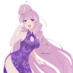  1girl artist_name blue_hair breasts china_dress chinese_clothes cleavage cleavage_cutout clenched_hand clothing_cutout collarbone dress eyebrows_visible_through_hair highres long_hair macross macross_delta medium_breasts mikumo_guynemer multicolored_hair purple_dress purple_hair qualle red_eyes solo streaked_hair very_long_hair w white_background 
