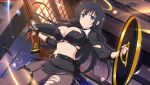  1girl black_gloves black_hair black_jacket black_skirt breasts cleavage fingerless_gloves floating_hair garter_straps gloves grey_legwear gun halo highres holding holding_gun holding_shield holding_weapon indoors jacket large_breasts long_hair midriff miniskirt navel pantyhose ryouki_(senran_kagura) senran_kagura senran_kagura_new_link shield skirt solo standing stomach straight_hair torn_clothes torn_jacket torn_legwear torn_skirt very_long_hair weapon 