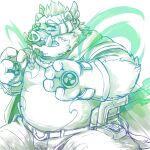  2022 anthro belly big_belly bodily_fluids bottomwear cape clothing furipon gloves handwear hi_res kemono magic male mammal overweight overweight_male pants simple_background solo suid suina sus_(pig) sweat visor wild_boar 