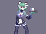  2022 3_fingers blush clothing container cup fake_cat_ears fake_ears female fingers frilly frilly_clothing gardevoir green_hair grey_background hair hi_res holding_plate humanoid legwear looking_annoyed maid_uniform nintendo not_furry pok&eacute;mon pok&eacute;mon_(species) red_eyes sheico signature simple_background solo thigh_highs uniform video_games 