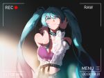  1girl :3 absurdres asymmetrical_sleeves beishou_yuu_(myst3ry) blue_eyes blue_hair breasts cleavage closed_mouth collar collarbone floating_hair hatsune_miku highres long_hair looking_up medium_breasts midriff smile solo stomach twintails upper_body very_long_hair vocaloid 