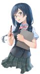  1girl black_eyes black_hair black_vest braid clipboard collared_shirt glasses green_skirt head_tilt holding holding_clipboard holding_pen looking_at_viewer love_live! love_live!_nijigasaki_high_school_idol_club nakagawa_nana neck_ribbon pen pink_ribbon plaid plaid_skirt ribbon school_uniform shirt skirt smile solo twin_braids vest white_background white_shirt yone 