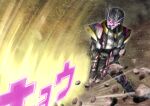  1boy alternate_costume armor black_armor black_bodysuit bodysuit clock_hands compound_eyes extra_horns finishing_move gloves kamen_rider kamen_rider_zi-o kamen_rider_zi-o_(series) kamen_rider_zi-o_ii katakana male_focus official_alternate_costume pink_eyes pink_gloves sword tsubasansan weapon zikan_girade ziku_driver 