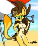  absurd_res anthro beach breasts brown_hair brown_nipples catherine_claws domestic_cat eyewear fangs felid feline felis female fur genitals green_eyes hair hi_res humanoid long_hair mammal nipples nude orange_body orange_fur phalanx_b_deer pussy sand seaside solo sunglasses umbrella yellow_body yellow_fur 