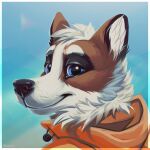  1:1 absurd_res anthro black_body black_fur black_nose blue_eyes brown_ears canid canine canis cheek_tuft clothing domestic_dog eyebrows facial_tuft fur glistening glistening_eyes glistening_nose hair headshot_portrait hi_res inner_ear_fluff male mammal neck_tuft orange_clothing orange_topwear portrait short_hair signature smile solo topwear tuft white_eyebrows white_hair white_inner_ear_fluff yookie 