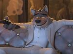  anthro arm_over_edge brown_body brown_fur bulge canid canine canis claws clothed clothing cute_expression dreamworks erection fur furniture hair male mammal mr._wolf_(the_bad_guys) on_sofa relaxing sitting sitting_on_sofa smile smug_face sofa solo spread_legs spreading suit the_bad_guys topwear unknown_artist wolf yellow_eyes 