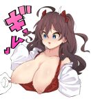  1girl 1other :3 blue_eyes blush bow breasts brown_hair earrings hair_bow ichinose_shiki idolmaster idolmaster_cinderella_girls jewelry large_breasts nipple_tweak nipples parted_lips pointy_breasts red_bow shirt simple_background solo_focus stud_earrings sweat symbol-only_commentary takato_kurosuke two_side_up white_background white_shirt wide-eyed 