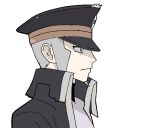  1boy black_coat black_headwear closed_mouth coat from_side grey_eyes grey_hair hat high_collar highres ingo_(pokemon) jaho long_sideburns male_focus peaked_cap pokemon pokemon_(game) pokemon_legends:_arceus short_hair sideburns simple_background solo torn_clothes torn_coat trench_coat upper_body white_background 