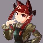  1girl animal_ears blush bow braid cat_ears dress extra_ears hair_bow kaenbyou_rin kys_(k-k2) long_hair long_sleeves looking_at_viewer puffy_sleeves red_eyes red_hair smile solo touhou twin_braids twintails upper_body 
