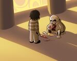  animated_skeleton anthro blinkpen blood bodily_fluids bone bottomwear clothing duo frisk_(undertale) human jacket knife low_res male mammal pants sans_(undertale) shadow shorts sitting skeleton sweater topwear undead undertale undertale_(series) video_games 