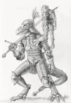  0laffson 2022 5_fingers anthro armor blood bodily_fluids clothed clothing duo feet fingers hi_res holding_object holding_sword holding_weapon human lizard male mammal melee_weapon reptile scalie sword toes traditional_media_(artwork) weapon 