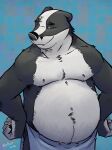  2022 anthro badger belly big_belly black_body black_nose hi_res humanoid_hands k-9 male mammal moobs mustelid musteline nipples overweight overweight_male solo towel white_body 
