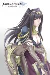  1girl artist_request bangs black_hair black_nails bodystocking book bracelet breasts cleavage cleavage_cutout clothing_cutout fire_emblem fire_emblem_awakening highres holding holding_book jewelry large_breasts long_hair looking_at_viewer nail_polish navel nintendo official_art pelvic_curtain ring see-through solo tharja_(fire_emblem) 