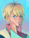  1girl blonde_hair blue_background blue_eyes blue_jacket blush egu_(andrewyrputra) hands_on_own_cheeks hands_on_own_face highres jacket looking_to_the_side nijisanji nijisanji_id pink_sweater portrait short_hair smile solo sweater turtleneck turtleneck_sweater virtual_youtuber zea_cornelia 